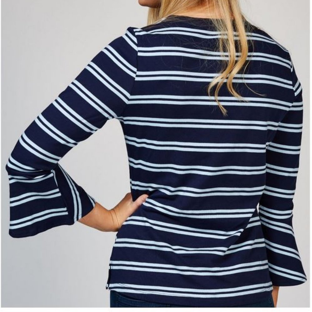 Isaac Mizrahi Top Womens Medium Blue White Stripe Cotton Scoop Neck Bell Sleeve - Picture 2 of 10